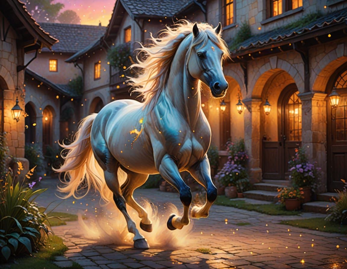 Spectral Horse Galloping in Mystical Courtyard as Oil Painti...