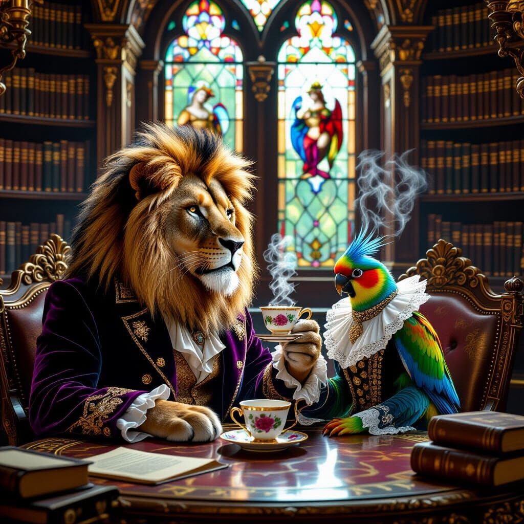 Lion and Lovebird Tea Party in Fantasy Library