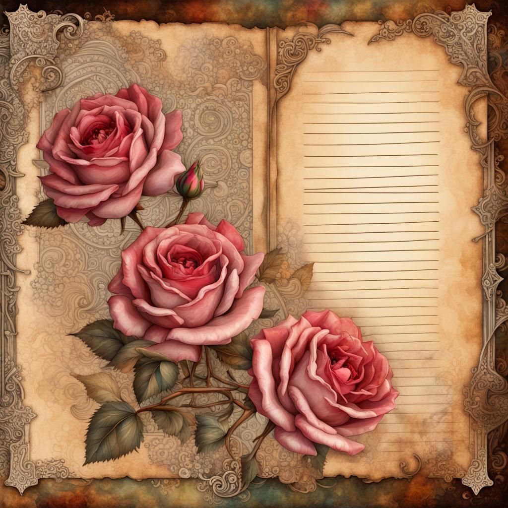 Steampunk Collage of Roses, Lace and Journal Fragments