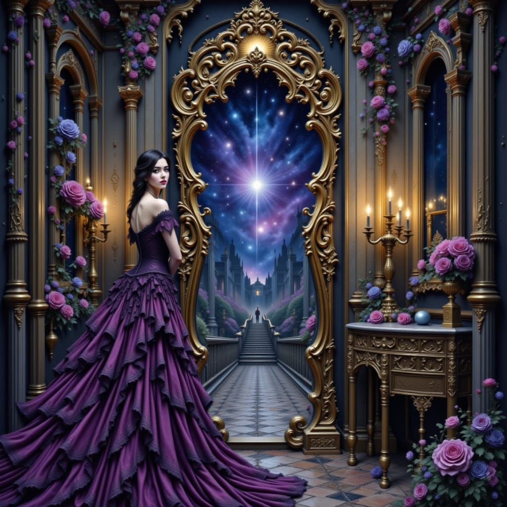 Gothic Watercolor Gown in Surreal Cosmic Landscape