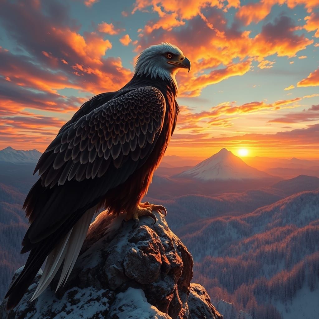 Eagle Soars Above Snowy Peaks in Dramatic Fantasy Landscape