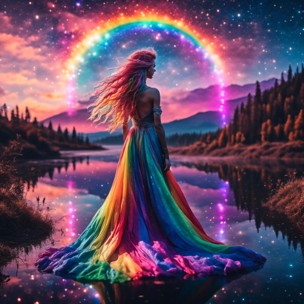 Goddess with Rainbow Hair Under a Rainbow Moon