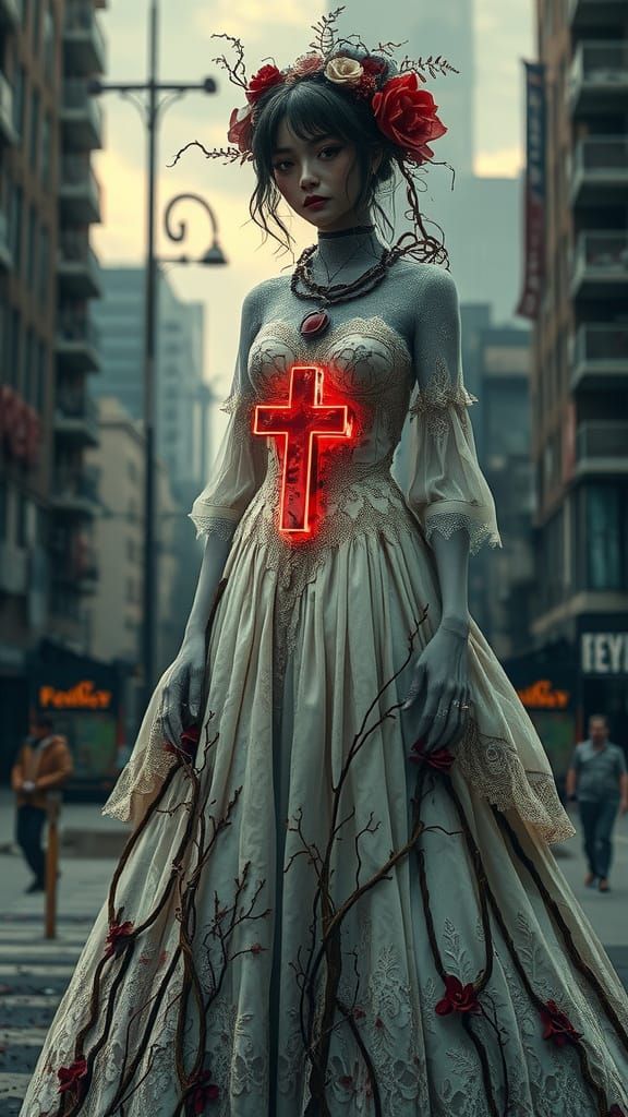 Cyberpunk Gothic Beauty in Tatters, Adorned with Neon