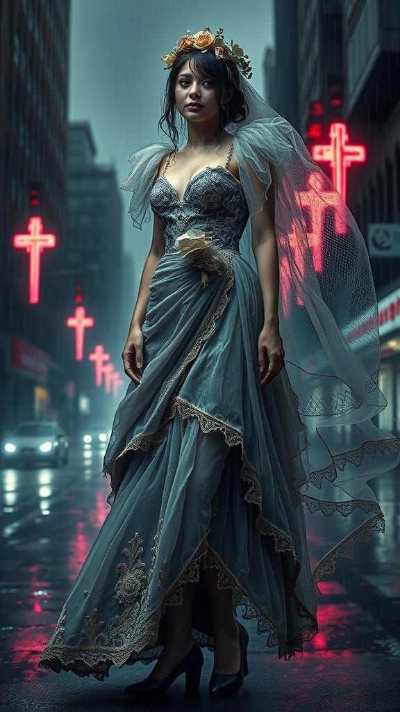 Gothic Cyberpunk Beauty Amidst a Rainy Cityscape
