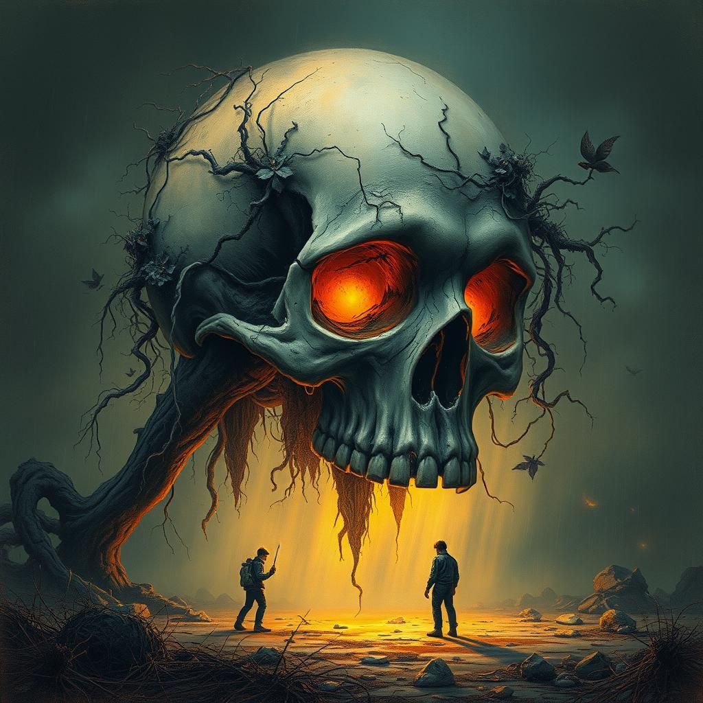 Neo-Surreal Skull Illustration in Post-Apocalyptic Wasteland