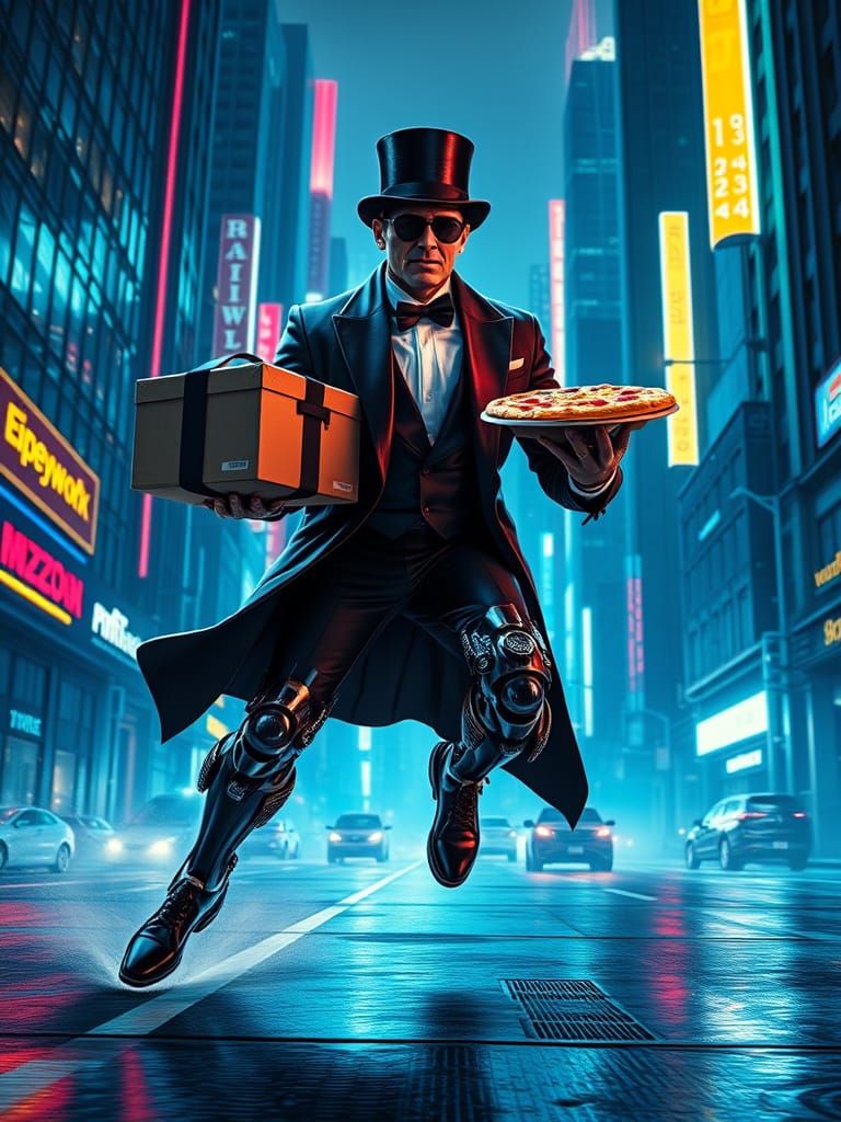Cyberpunk Pizza Delivery Driver Races Through Neon Streets