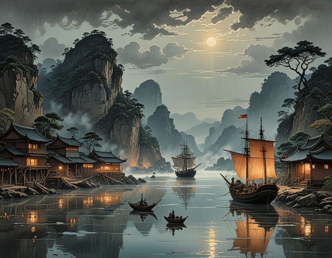 Misty Bay at Dawn in Rustic, Expressive Ink