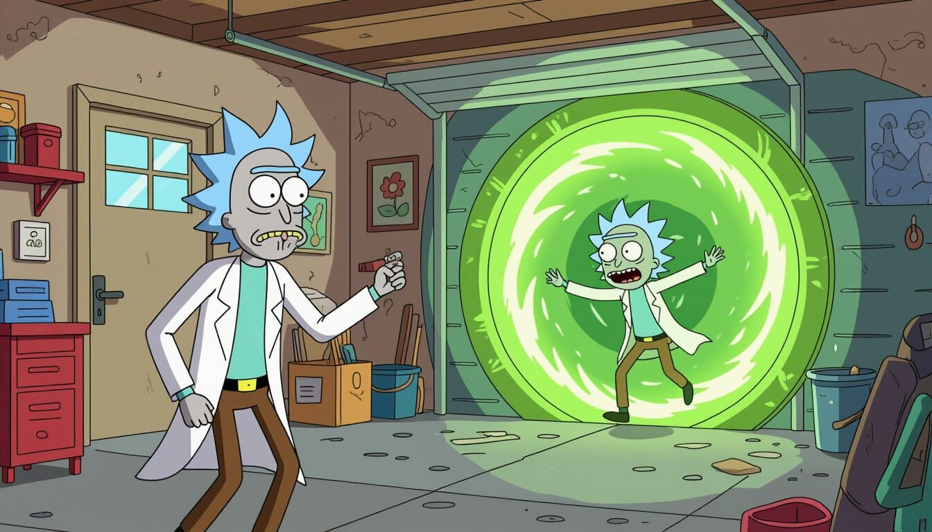 Rick Sanchez Meets Younger Self by Glowing Portal
