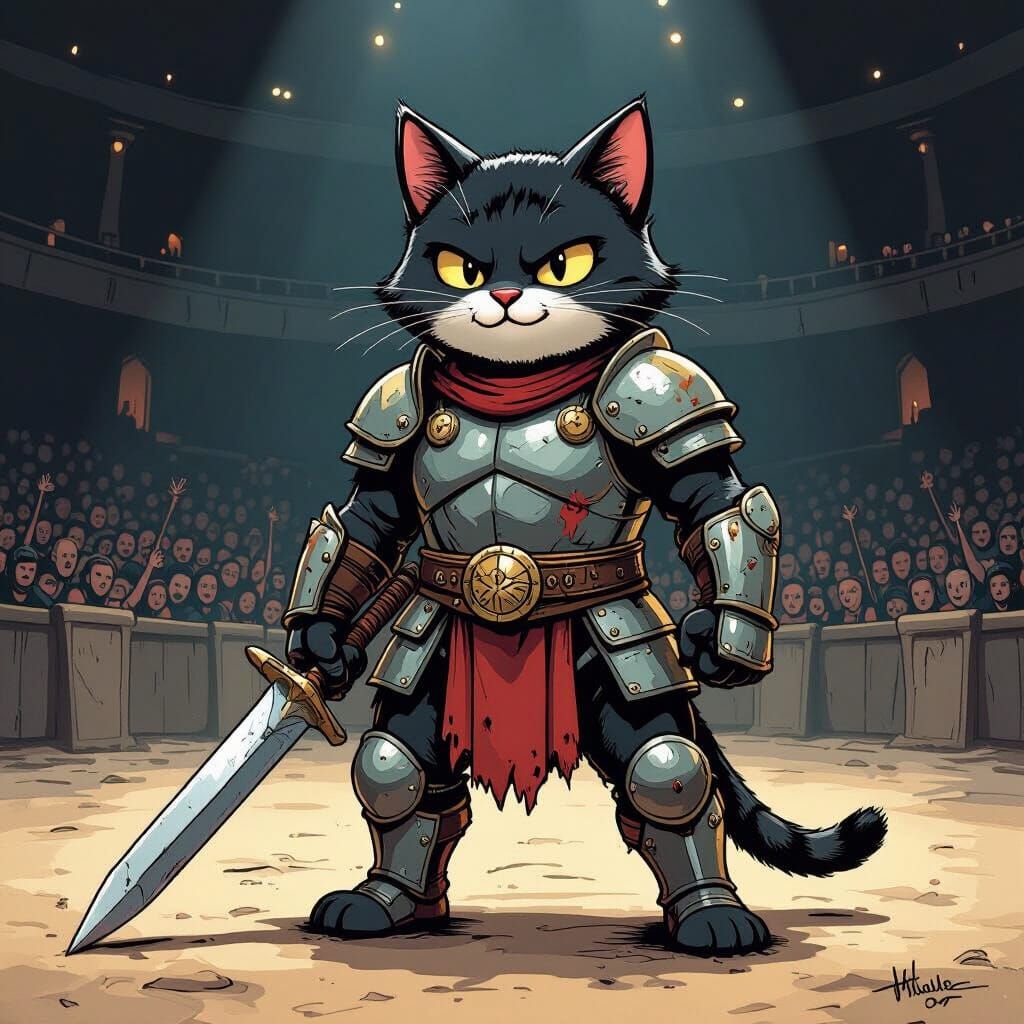 Victorious Cartoon Cat Gladiator in Gritty Comic Style