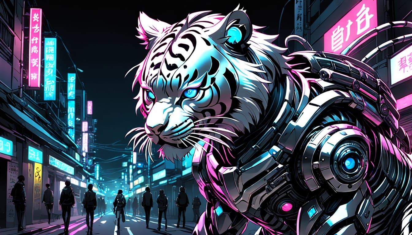 Cyber Tiger Strolls Night City Streets in Cyberpunk Style