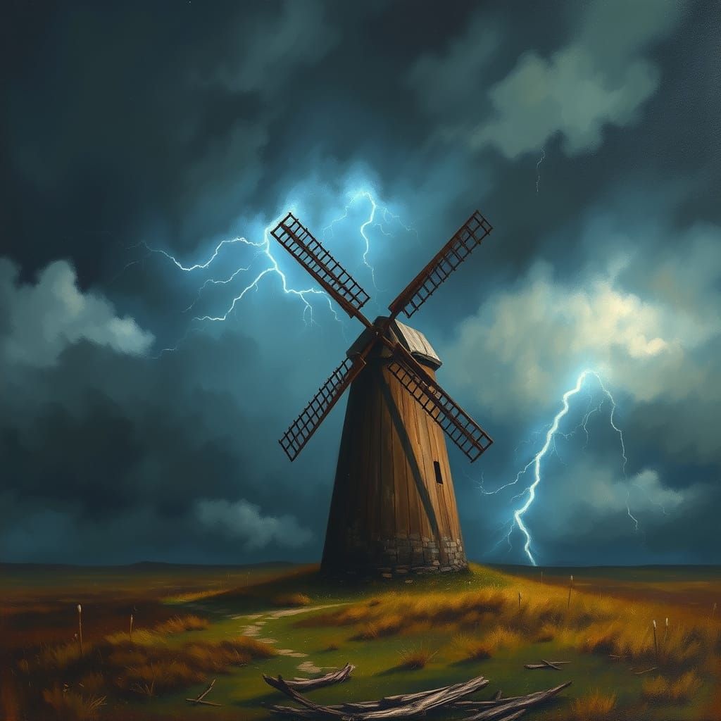 Dramatic Windmill in Turbulent Thunderstorm Landscape