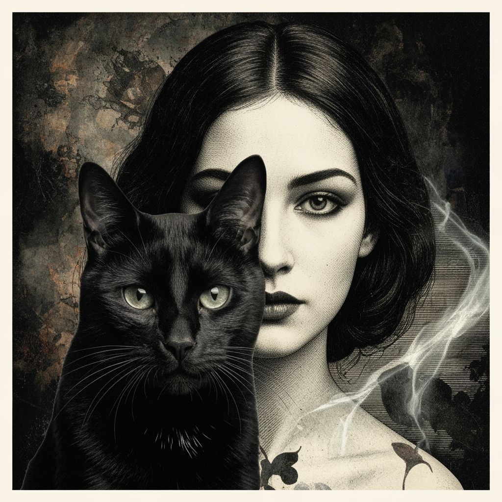 Surreal Woman and Cat Collage in Dark Etching Style