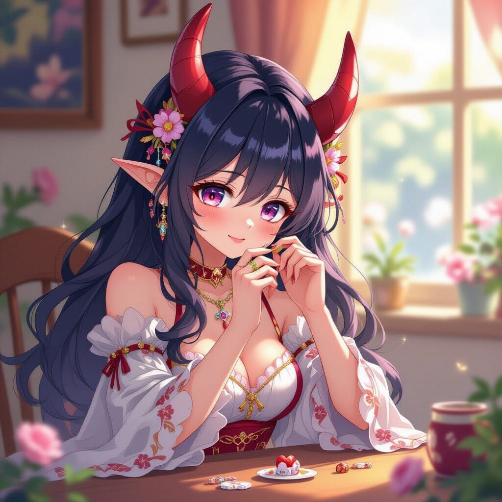 Anime Demoness Arranging Trinkets in Manga Style