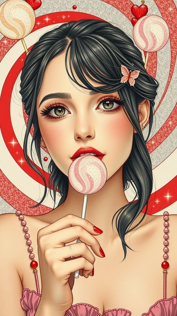 Young Woman with Lollipop in Surreal Pop Art
