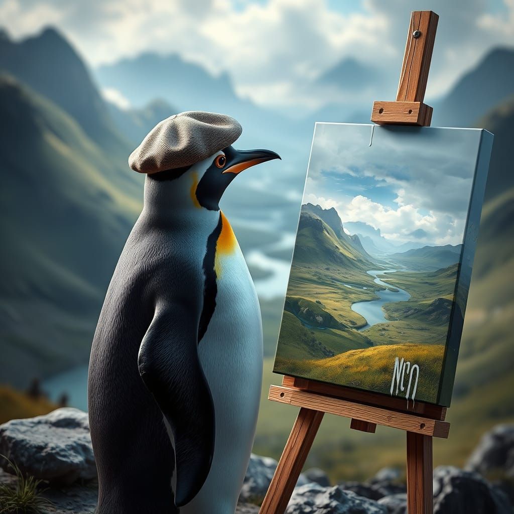 Penguin Artist at Work in a Valley Landscape