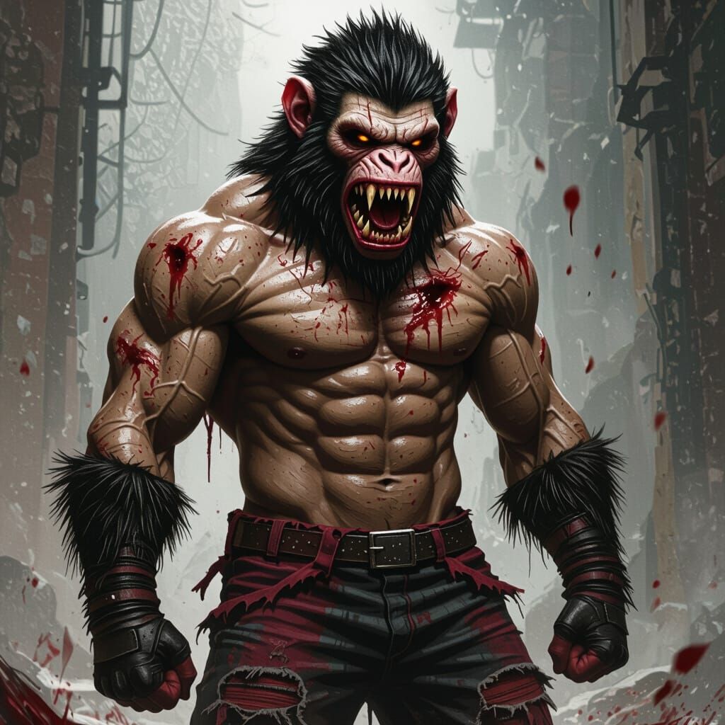 Muscular Monkey-Chicken Hybrid in Dystopian Horror Scene
