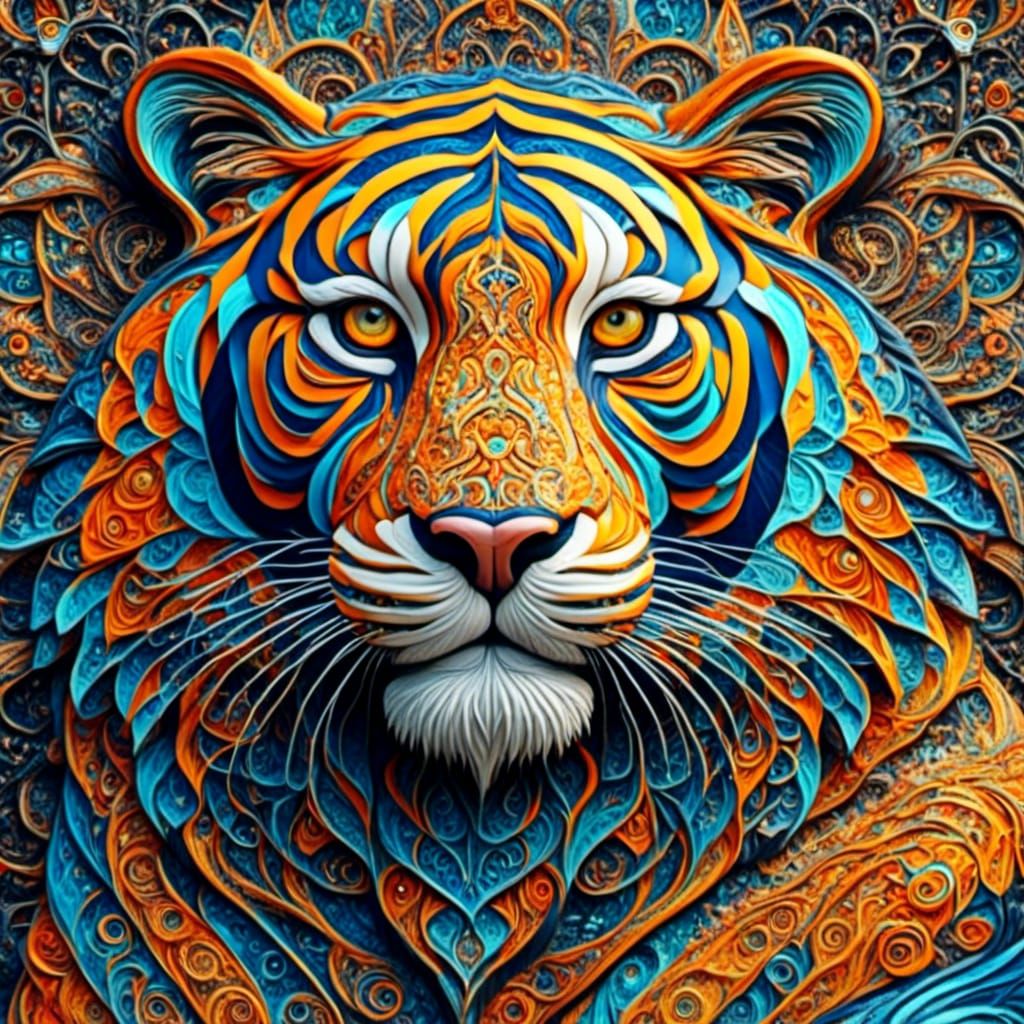 Stained Glass Tiger Fractal Mandala Art