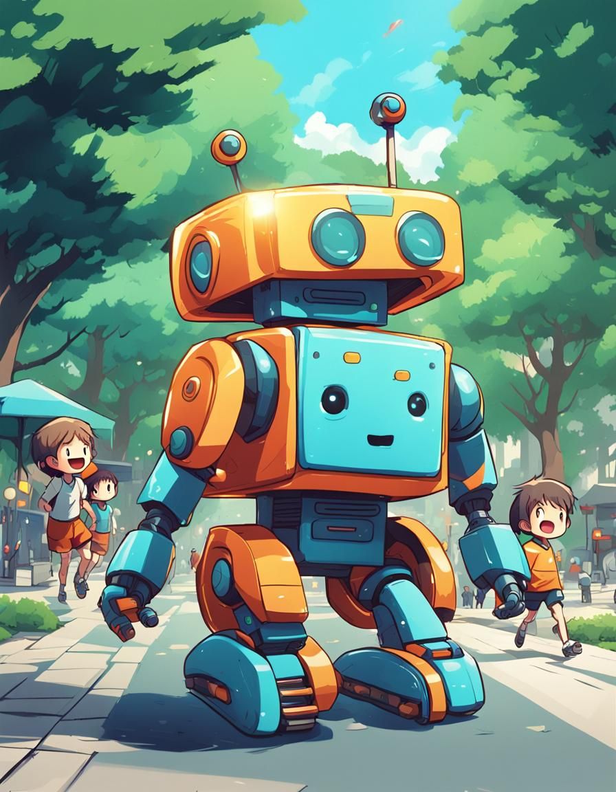 Robot Observes Children Playing: Anime Style Illustration