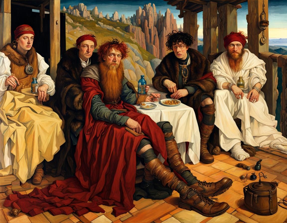 Lord Rauros' Burgundy Feast: Expressionist Oil Painting