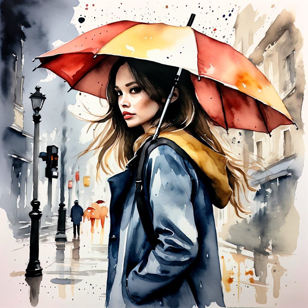 Stormy Watercolor Umbrella Scene