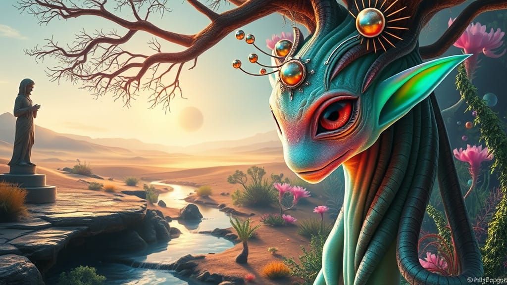 Enchanted Oasis with Celestial Guardian and Luminous Tree