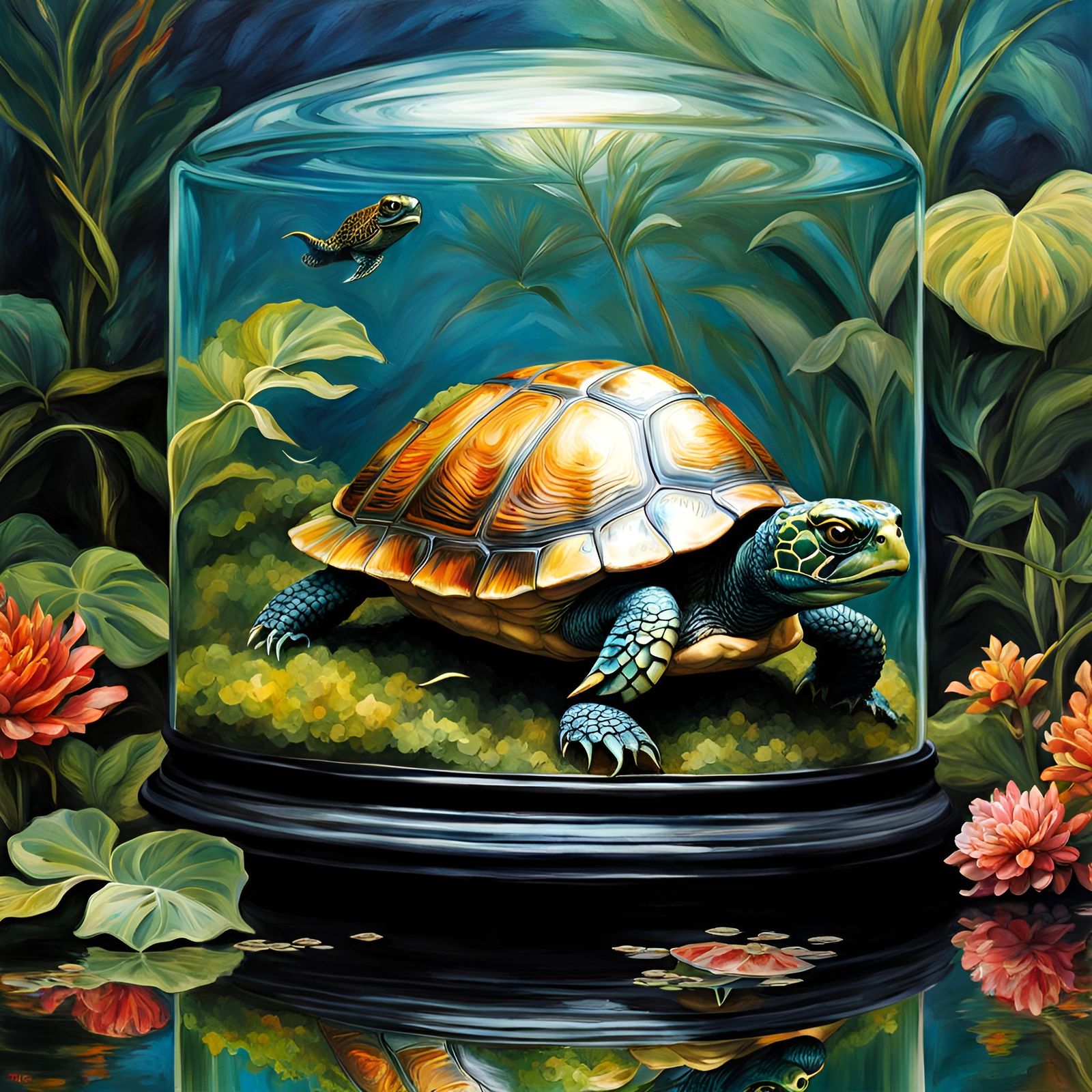 Hyperrealistic Turtles in Art Nouveau Terrarium