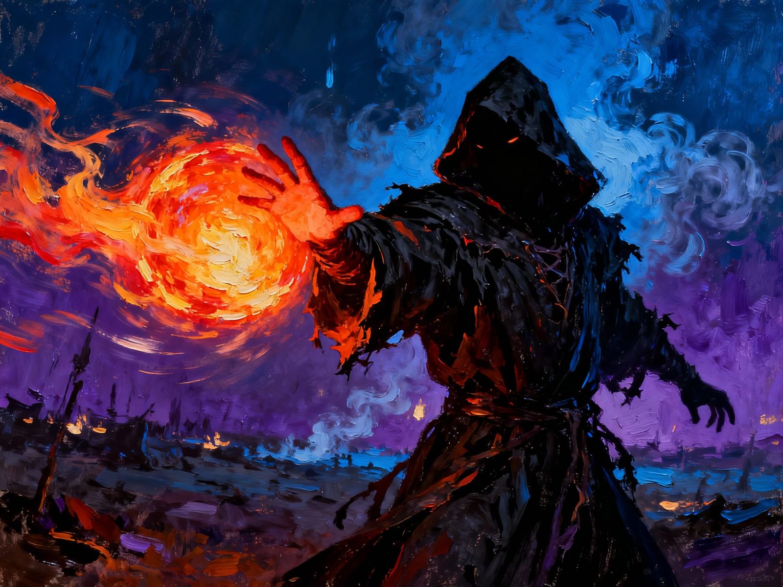 Dark Mage Unleashes Fiery Magic in Impasto Style