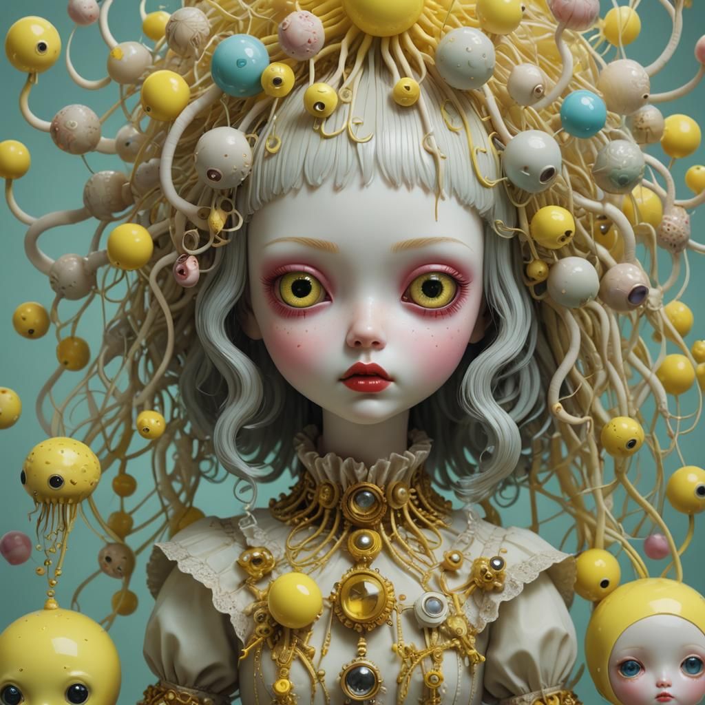 Surreal Doll with Yellow Eyes in Pop Art Style