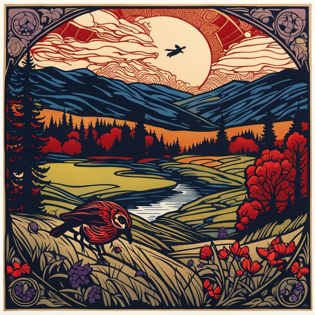 Vermont Landscape Woodcut in Alphonse Mucha Style
