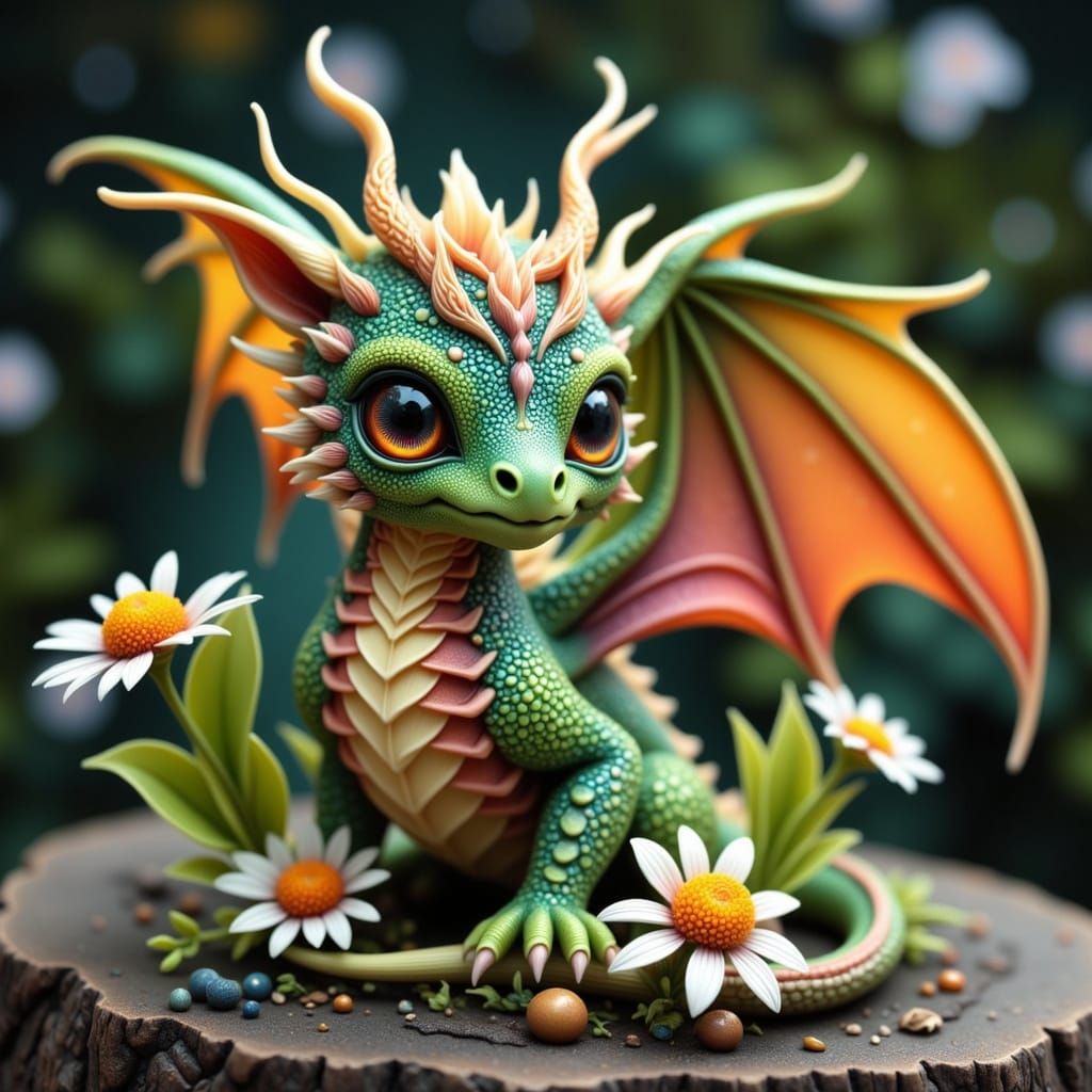 Whimsical Tea-Dragon amidst Chamomile Florals