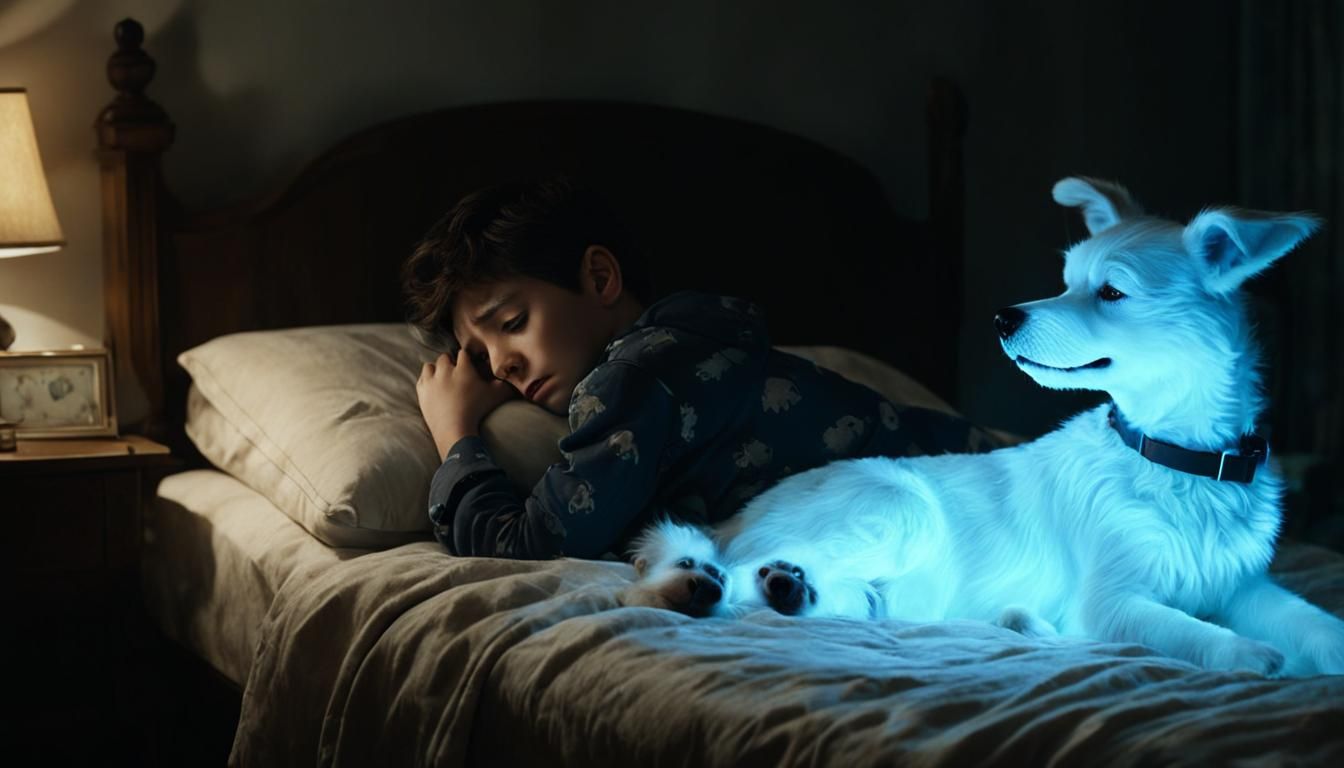 Boy Comforted by Bioluminescent Dog: Cinematic Still