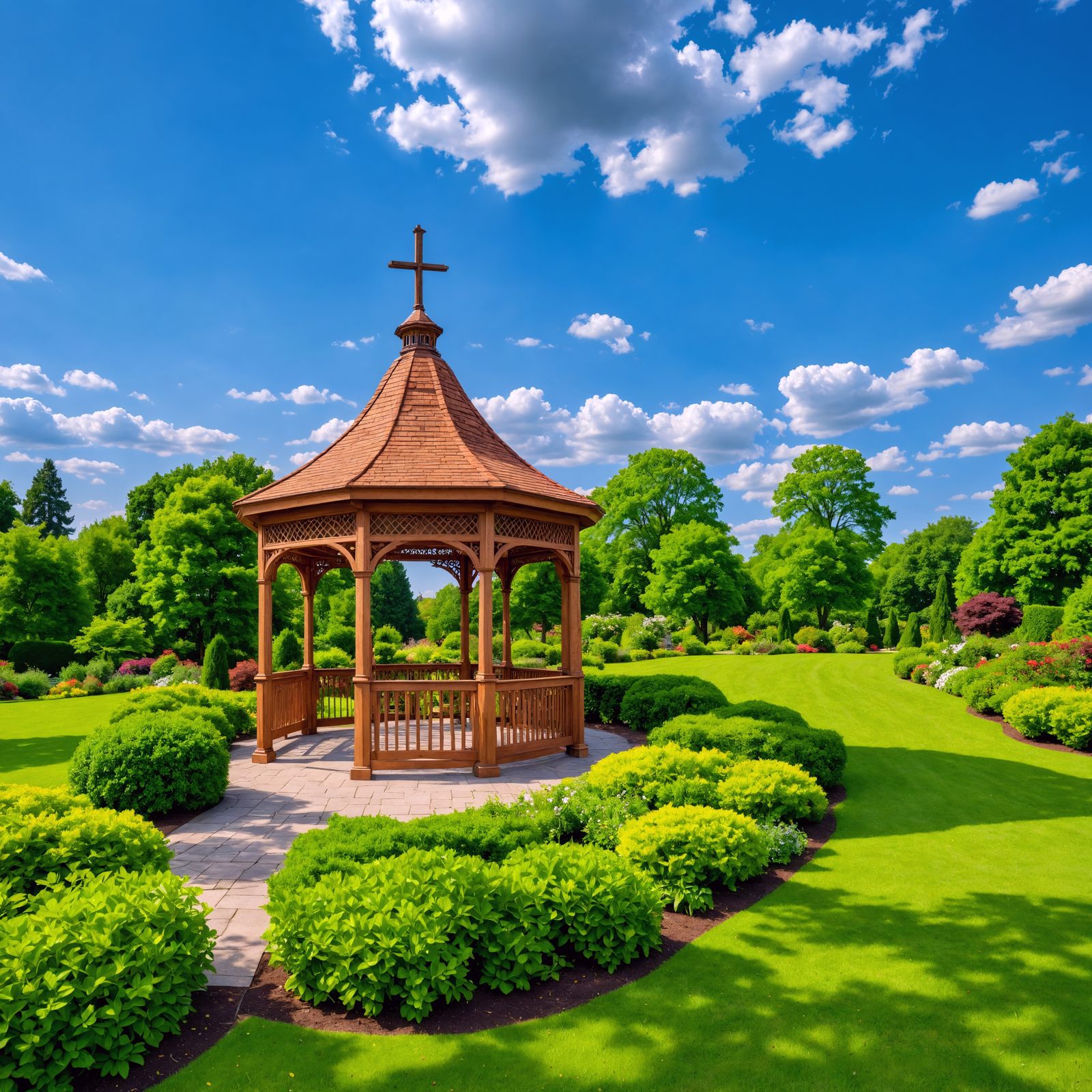 Surreal Garden Sanctuary with Hyperrealistic Cross