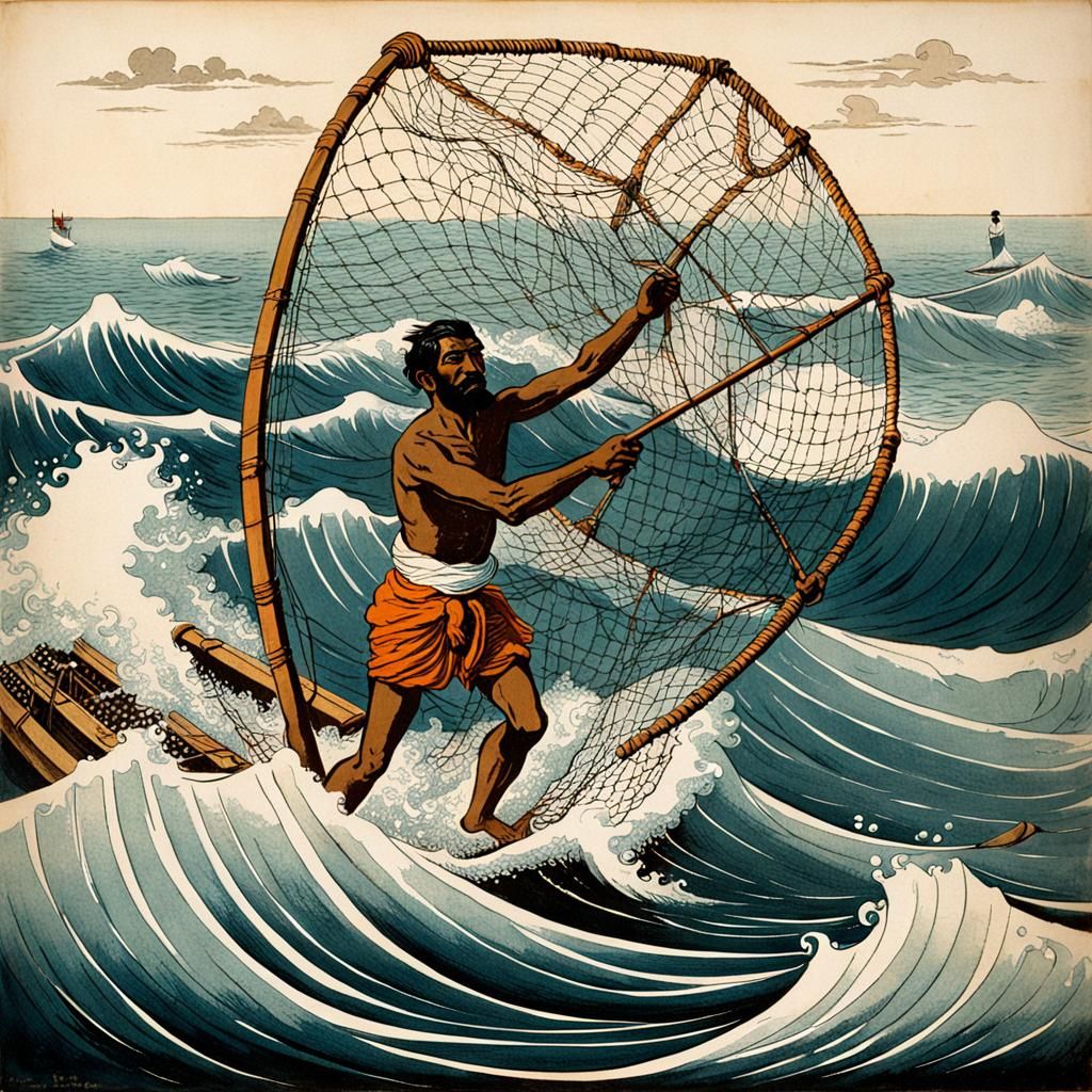 Ukiyo-e Style Print of Indian Fishermen in Turbulent Seas