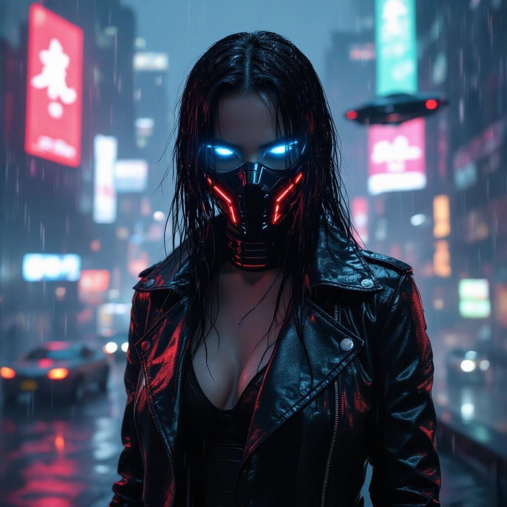 Cyberpunk Assassin Girl in Neon-Lit Mega-City