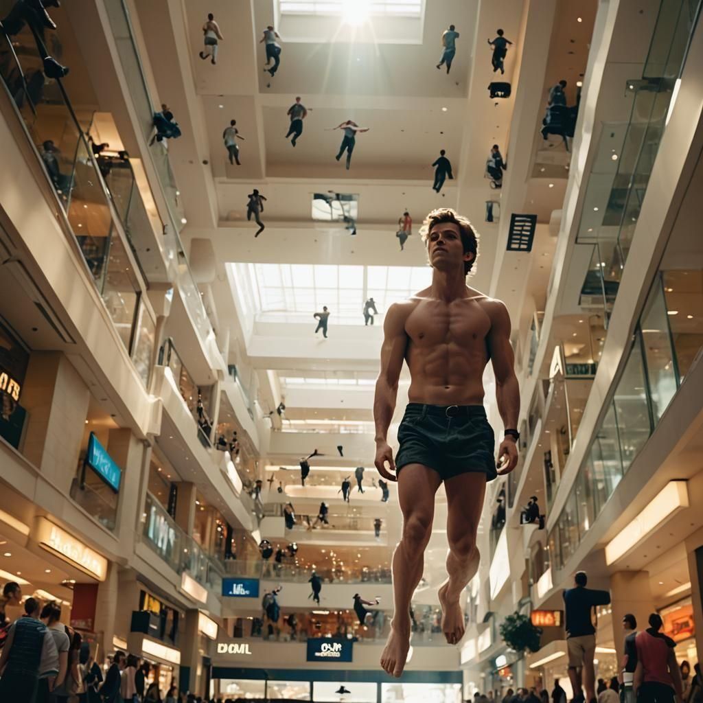Shirtless Youth Levitating Above Crowded Shopping Mall