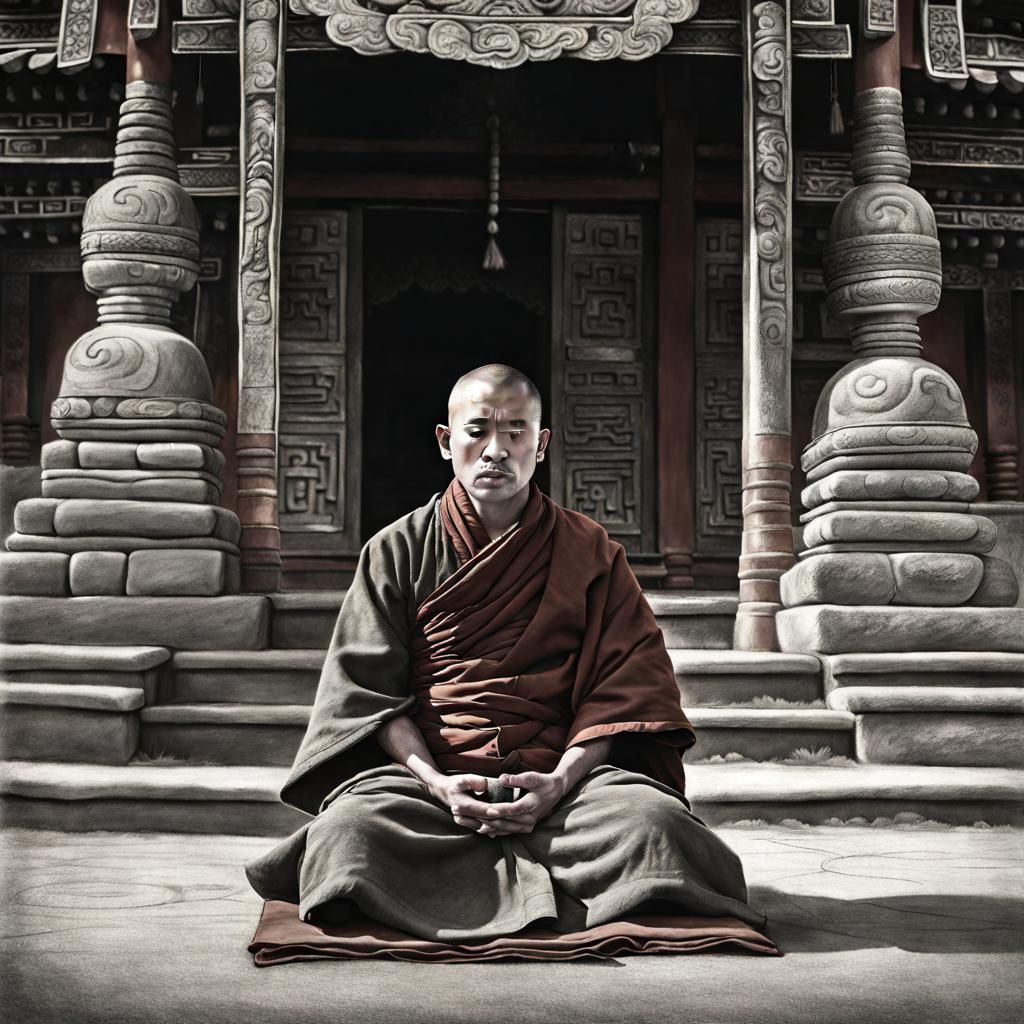 Meditating Tibetan Monk: Hyperrealistic Charcoal Drawing