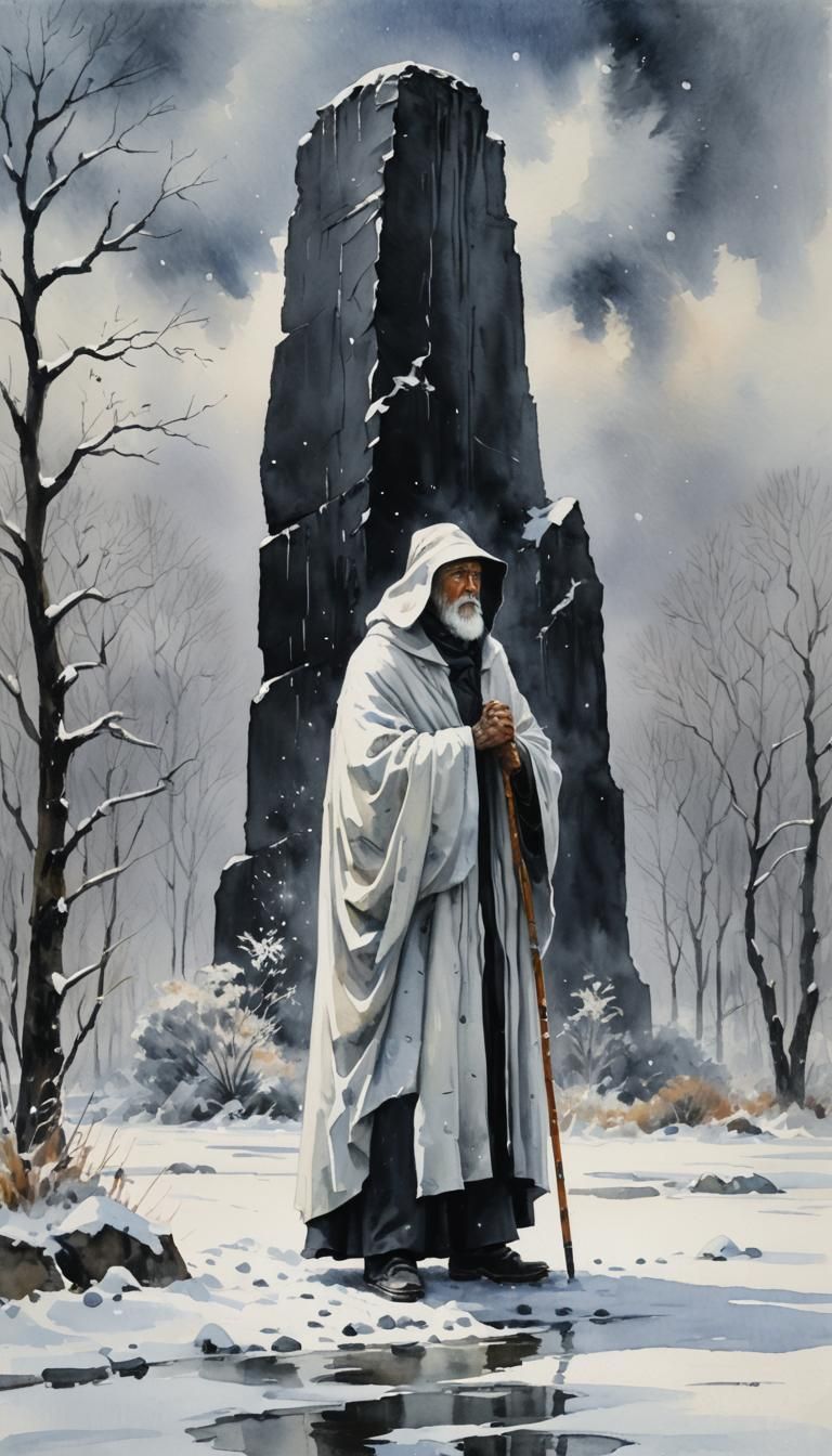 Monolith and Figure in Impressionist Gouache Style