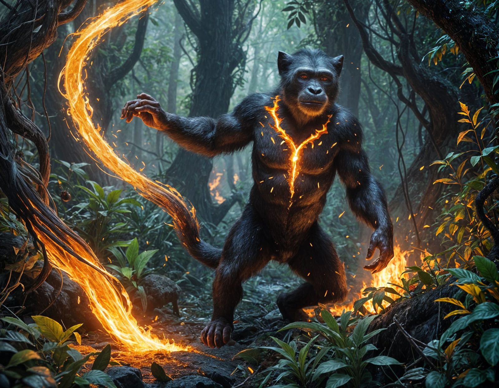 Foxtail Sorcerer Evading Lava Chimpanzees in Jungle