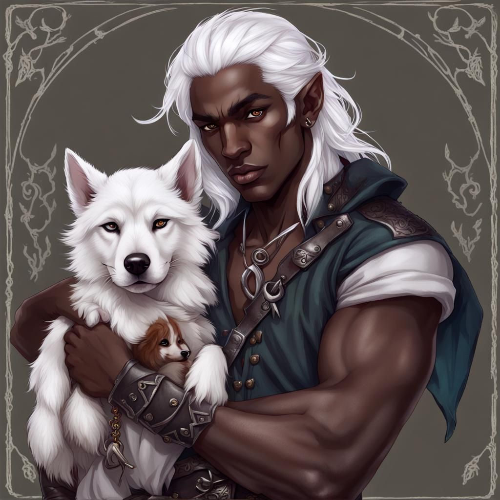 Drow Elf Swashbuckler with Wolf Puppy