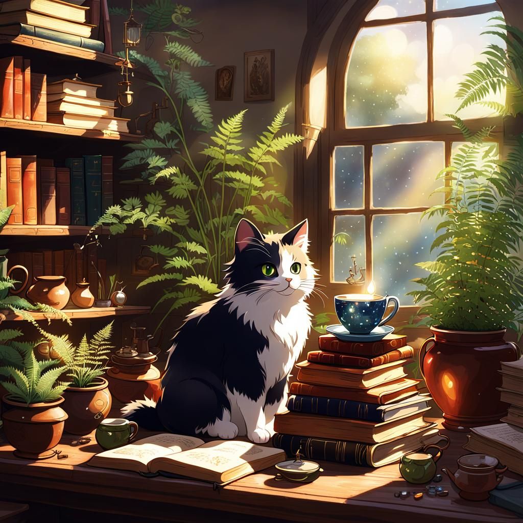 Cute Cat on Books: Studio Ghibli Anime Art