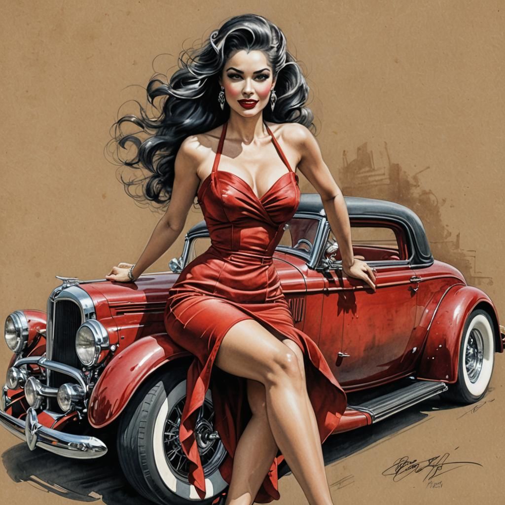 Femme Fatale Pinup Girl in Mixed Media Style