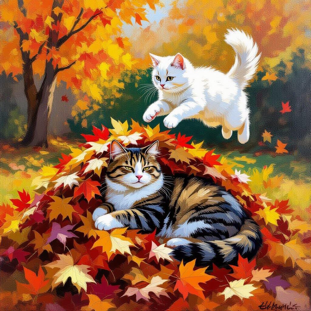 Gritty Monet Style Painting of Cats in Autumn Leaves