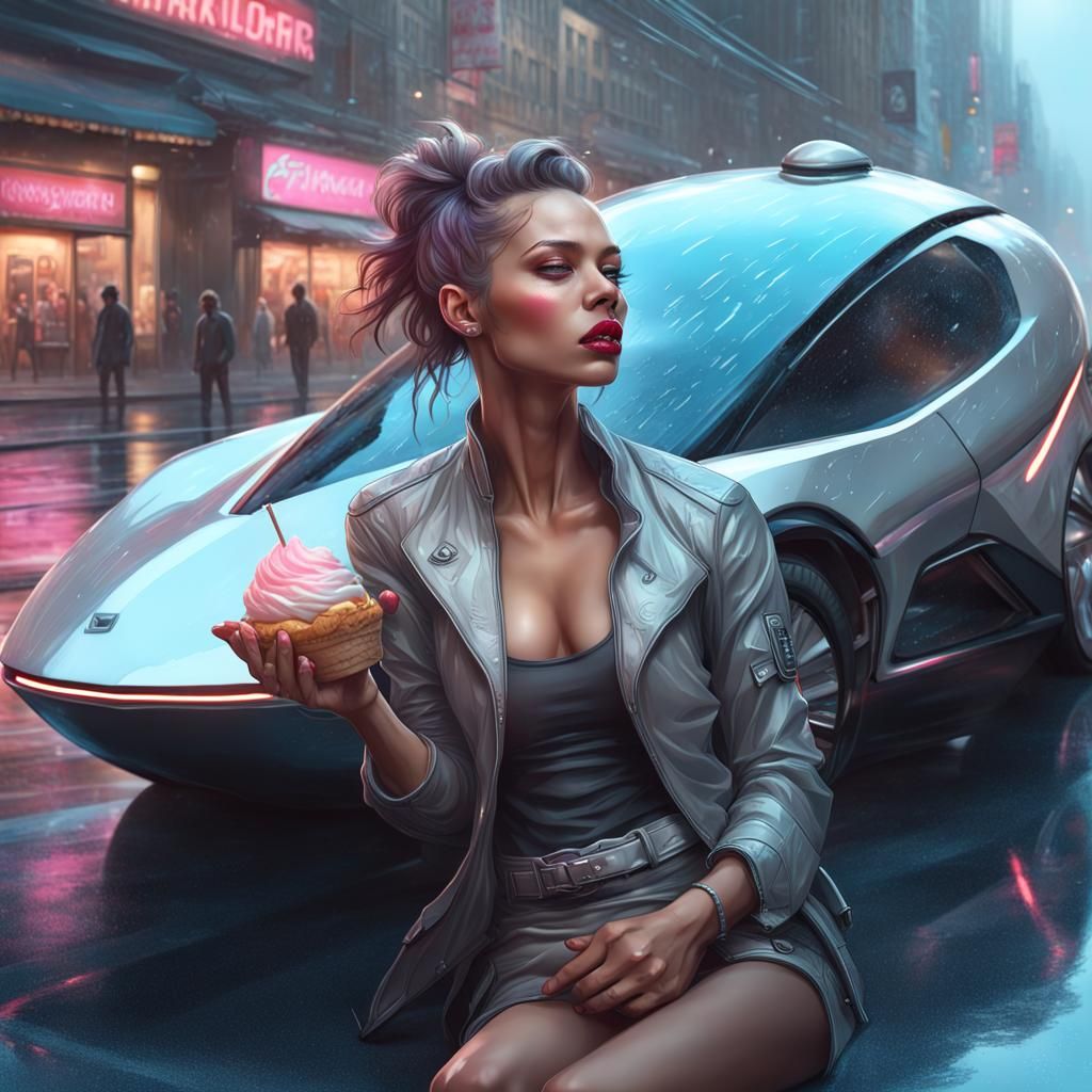 Cyborg in Rainy Cityscape Concept Art