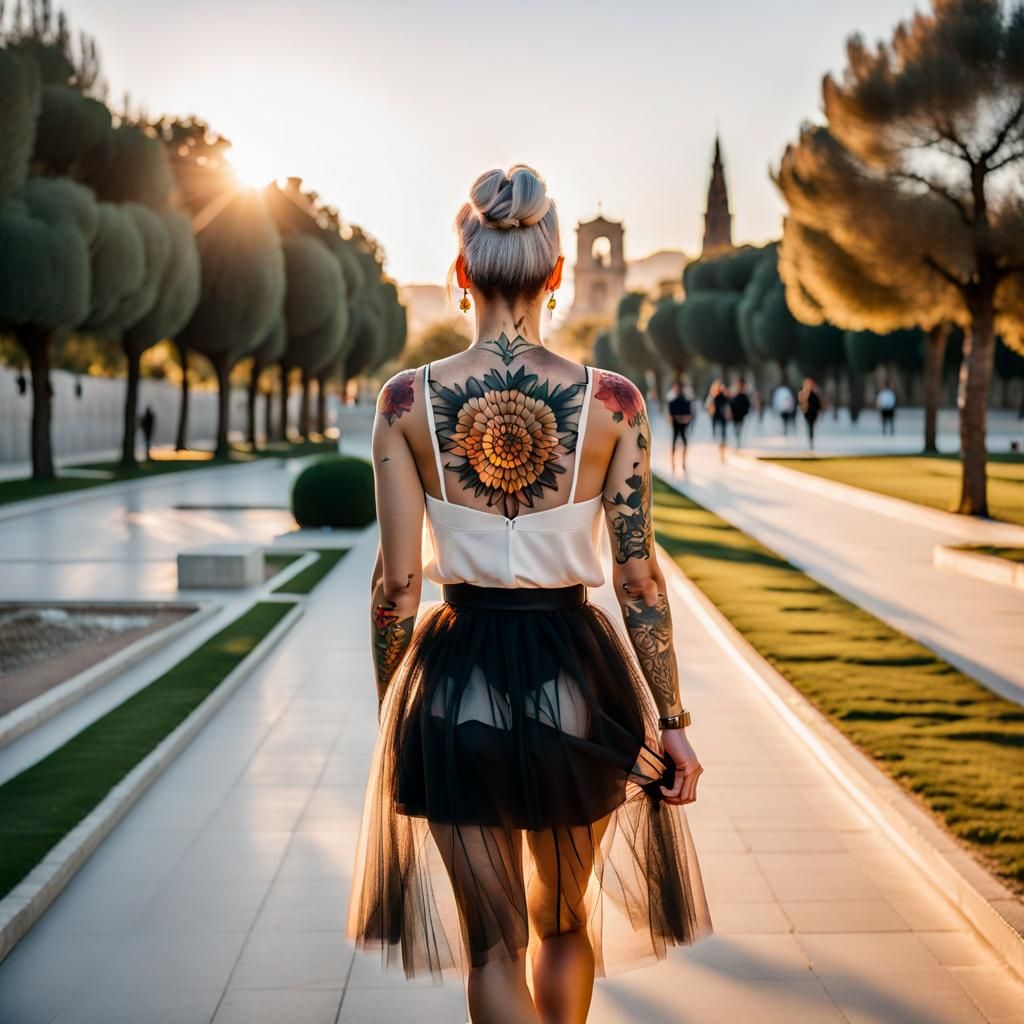 Woman in Tulle Skirt at Sunset in City Park