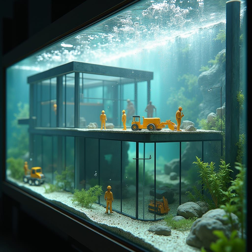 Miniature Construction in Aquarium, Photorealistic Detail
