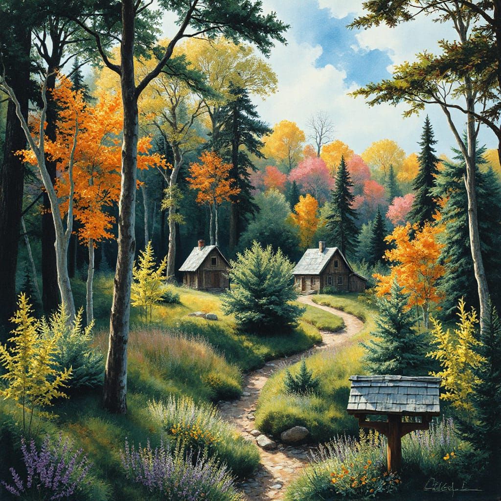 Sunlit Forest Hamlet in Abstract Expressionist Style