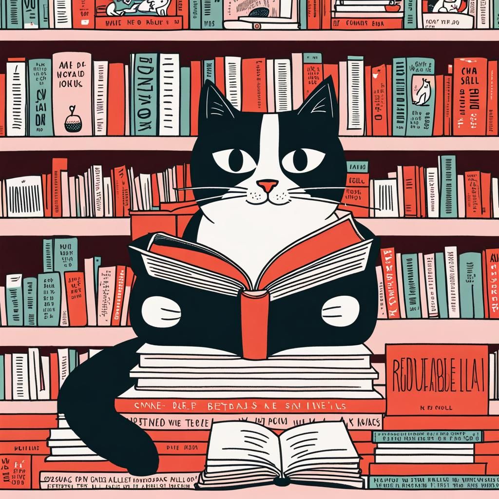 Cats Reading Books in Cartoon Illustration Style