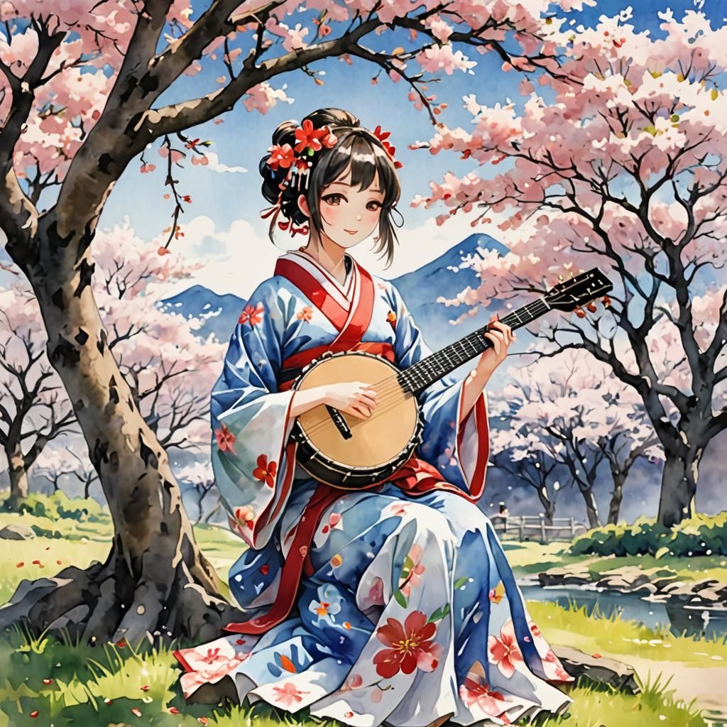 Girl in Kimono Plays Banjo: Anime-Inspired Watercolor