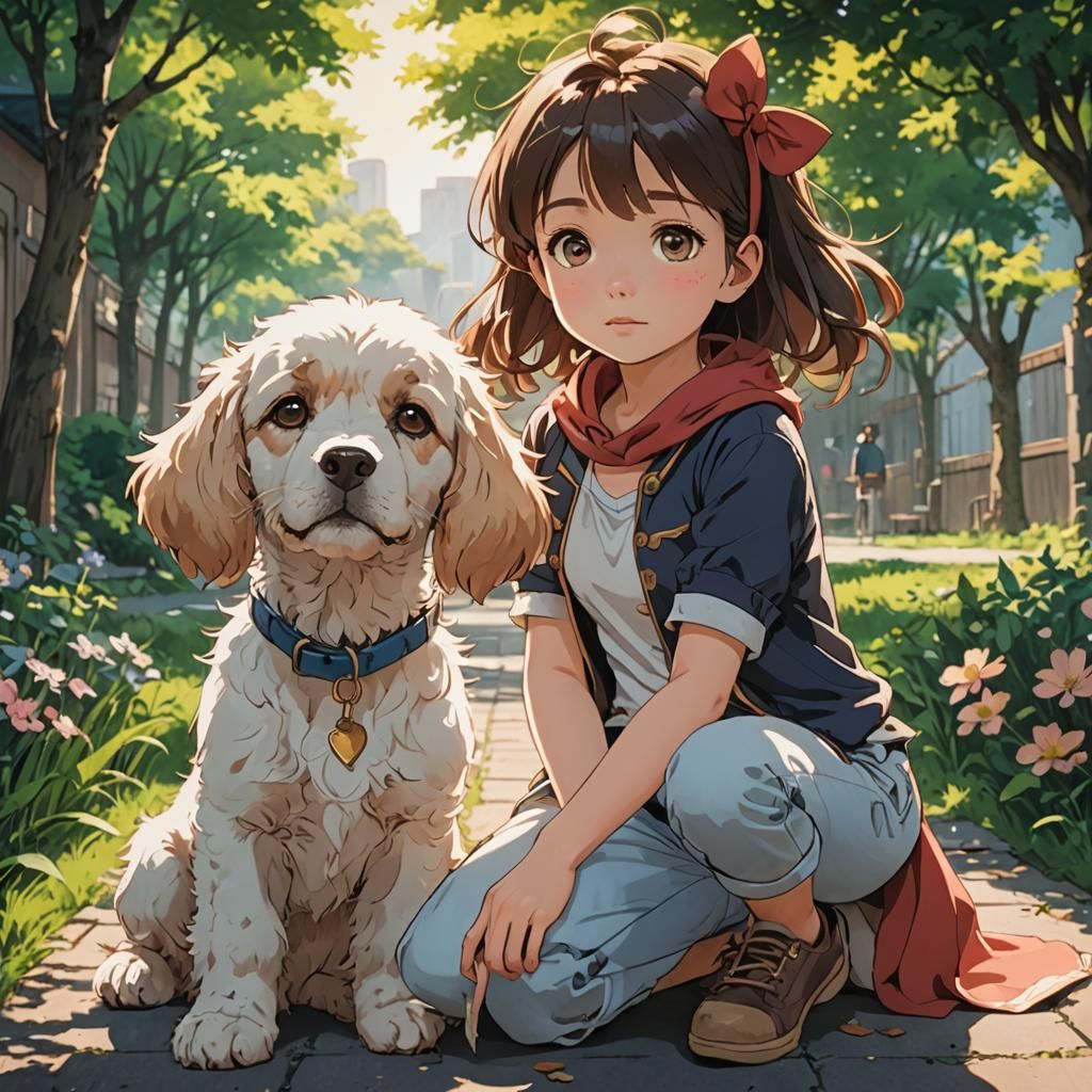Girl and Dog in Anime Style, Cel-Shaded