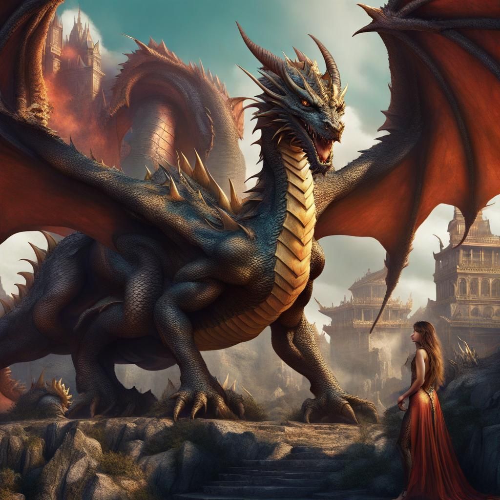 Dragons Socializing with Warrior Girl: Fantasy Art